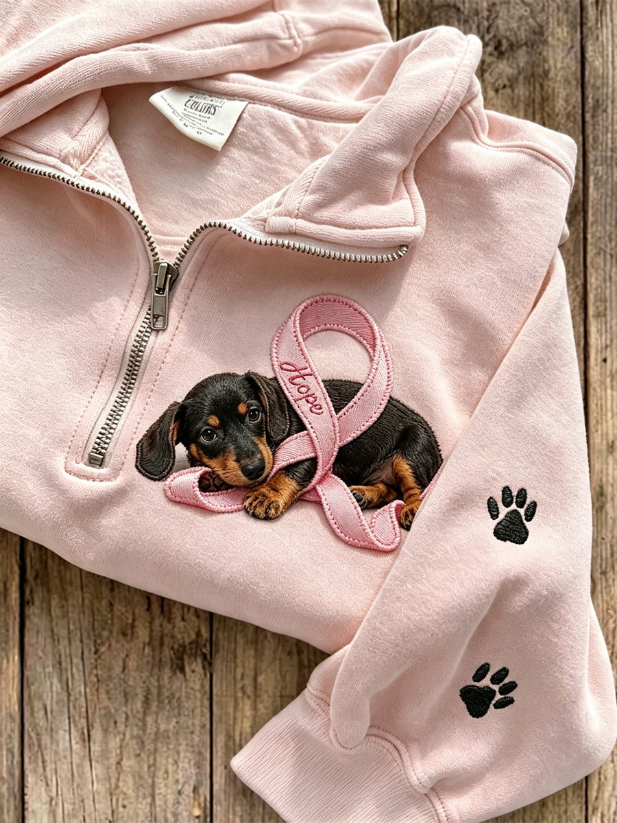 Sweat à fermeture éclair pour femme, ruban rose de l’espoir, motif teckel et empreintes de pattes