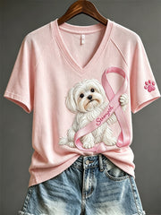 T-shirt à manches courtes pour femme, motif ruban rose, chien maltais et empreintes de pattes