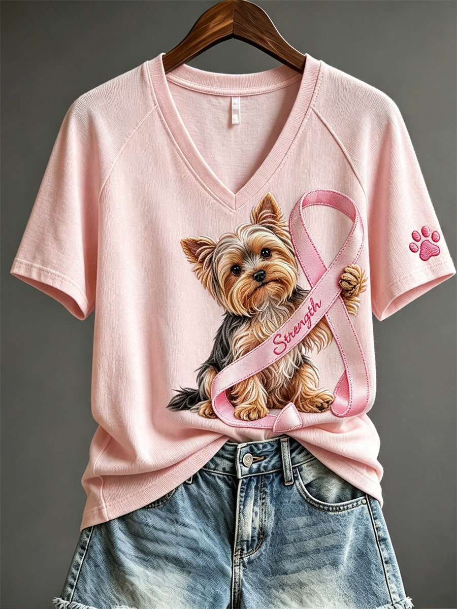 T-shirt à manches courtes pour femmes, couleur rose, avec ruban de la Ligue contre le cancer du sein, motif Yorkshire et empreintes de patte
