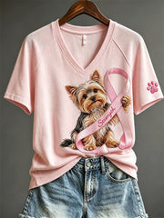 T-shirt à manches courtes pour femmes, couleur rose, avec ruban de la Ligue contre le cancer du sein, motif Yorkshire et empreintes de patte