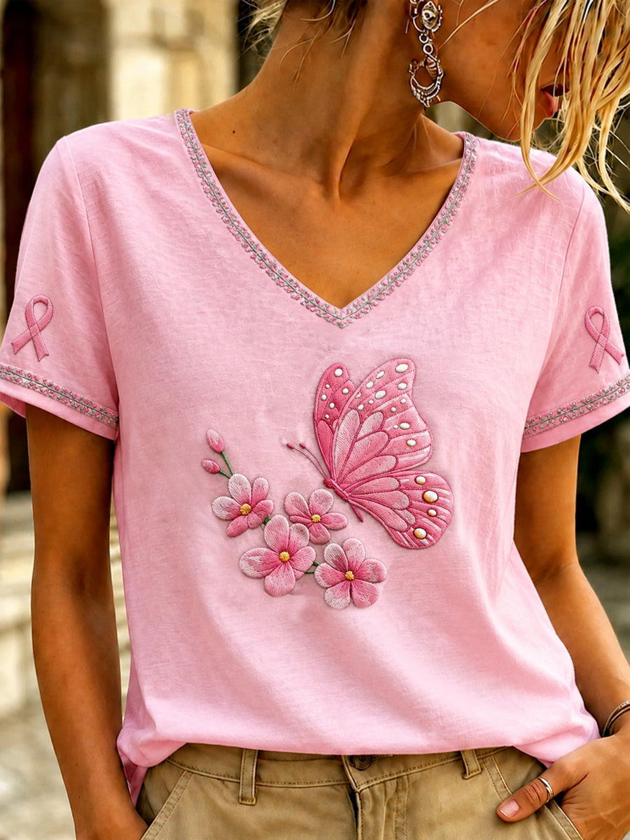 T-shirt à col en V imprimé d’art rose sur le thème du cancer du sein chez la femme