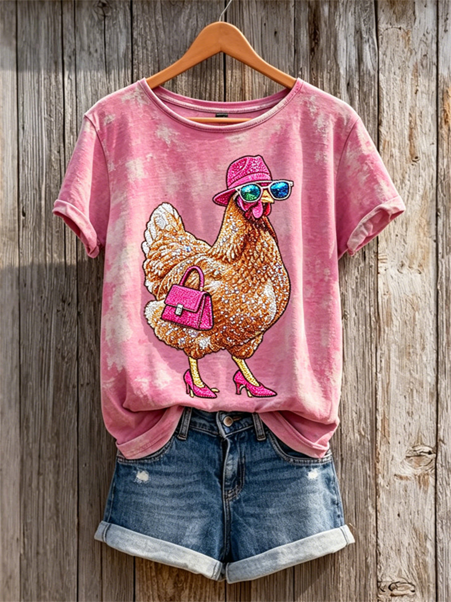 T-shirt à manches courtes Funny Chic Hen Glitter Print pour femmes