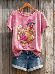T-shirt à manches courtes Funny Chic Hen Glitter Print pour femmes