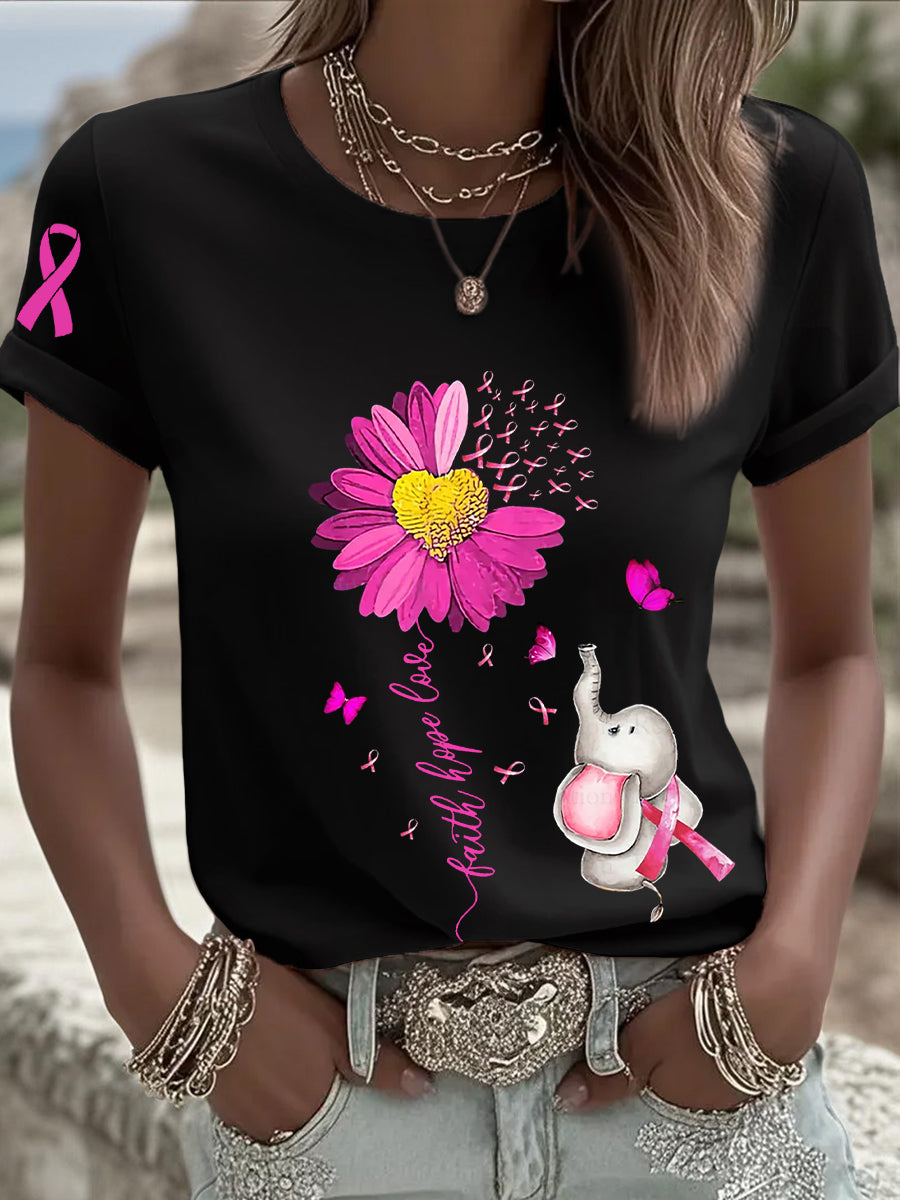 T-shirt à manches courtes pour femmes avec ruban rose tournesol sensibilisation au cancer du sein