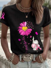 T-shirt à manches courtes pour femmes avec ruban rose tournesol sensibilisation au cancer du sein