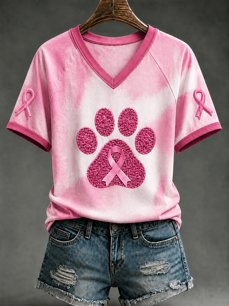 T-shirt à col en V et épaule dénudée, manches courtes, soutien à la sensibilisation au cancer du sein chez la femme