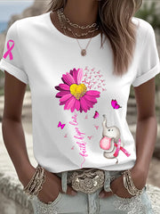 T-shirt à manches courtes pour femmes avec ruban rose tournesol sensibilisation au cancer du sein