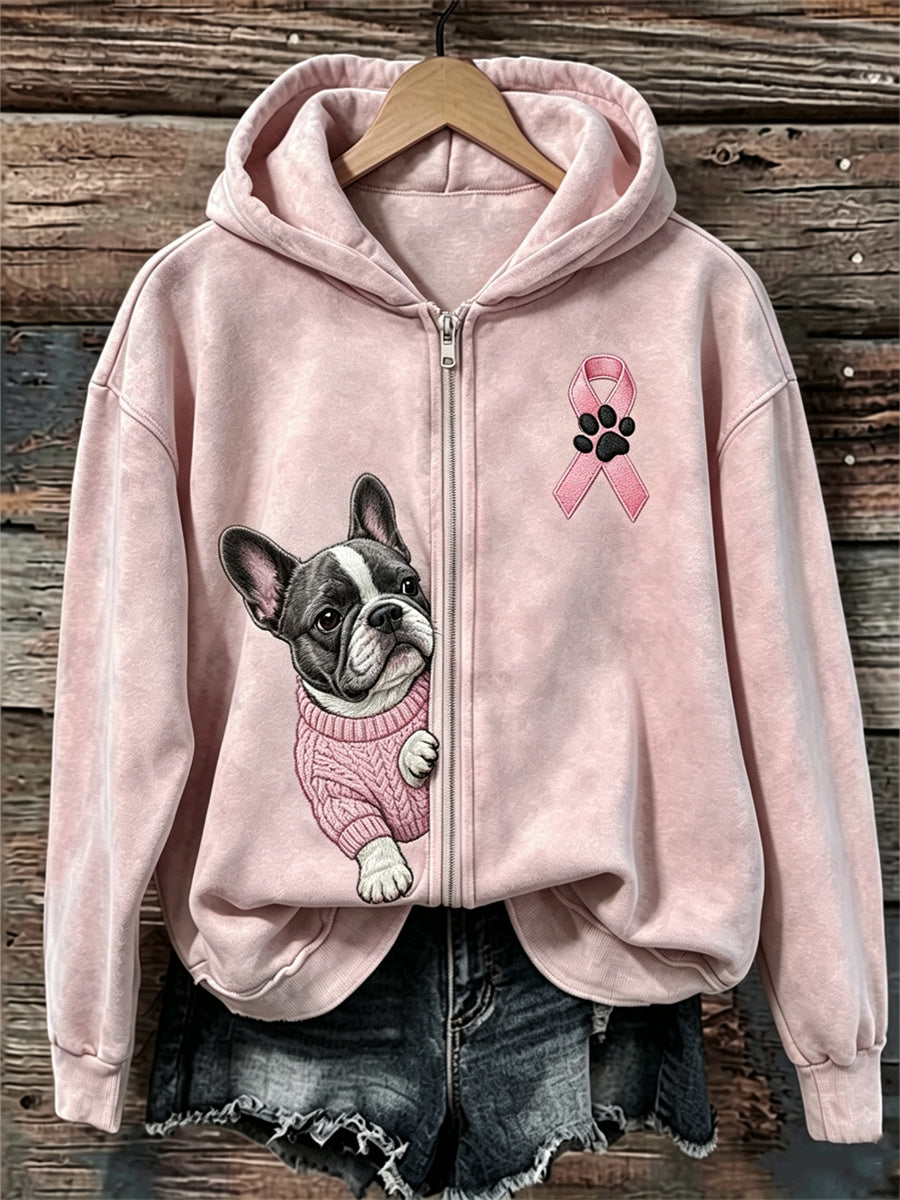 Femmes Peeking Bouledogue Français Ruban Rose Sensibilisation Au Cancer Du Sein Full Zip Hoodie