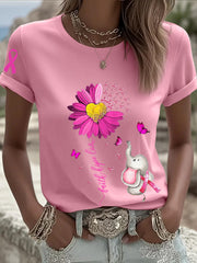 T-shirt à manches courtes pour femmes avec ruban rose tournesol sensibilisation au cancer du sein