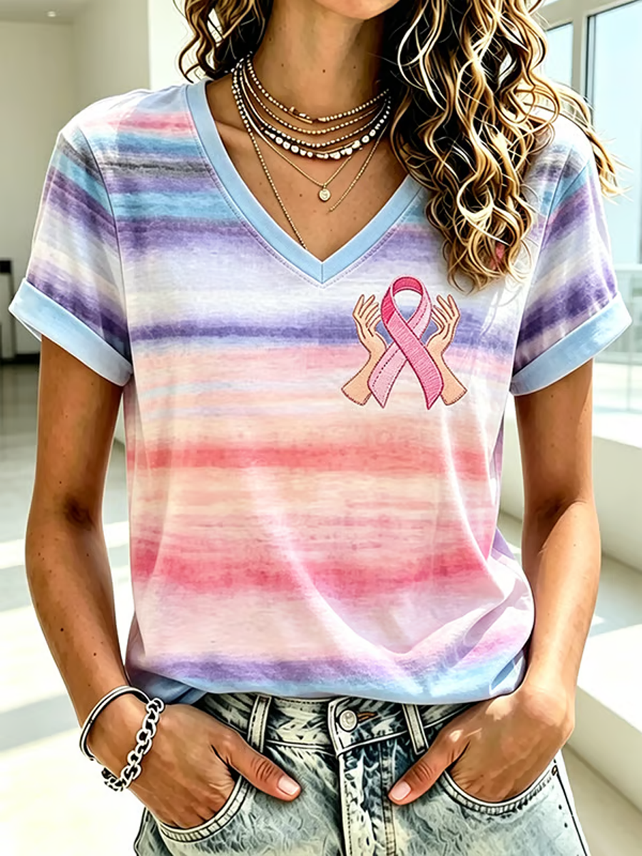 T-shirt à manches courtes imprimé du cancer du sein pour femmes