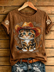 T-shirt à manches courtes pour femmes Western Cowboy Cat