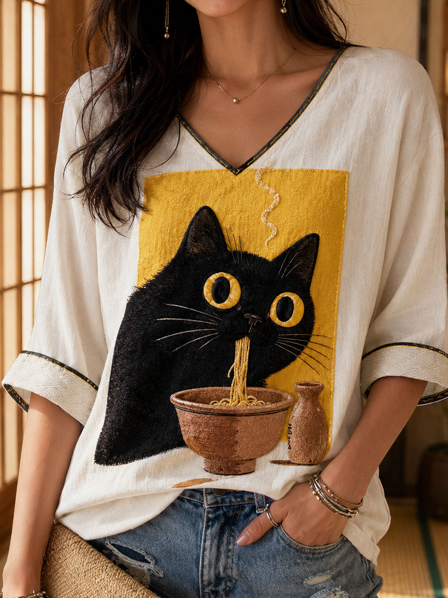 T-shirt en lin pour femme, motif artistique japonais de ramen et chat imprimé