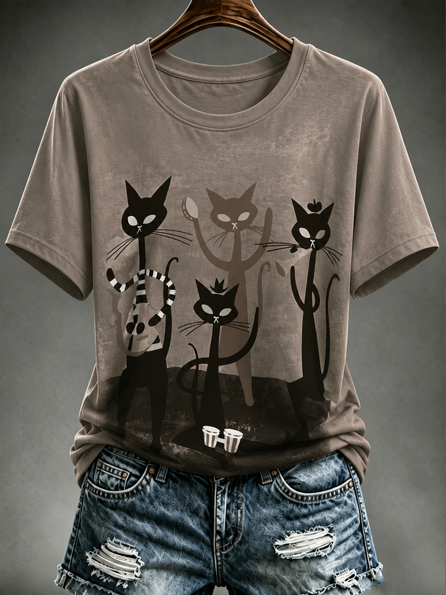 T-shirt femme mignon à manches courtes imprimé chat