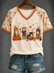 T-shirt à col en V imprimé chat mignon automne femmes