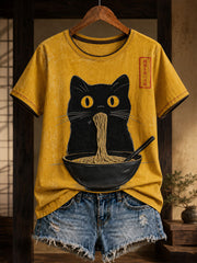 T-shirt en lin pour femme, motif artistique japonais de ramen et chat imprimé