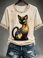 T-shirt à manches courtes imprimé chat mignon pour femme