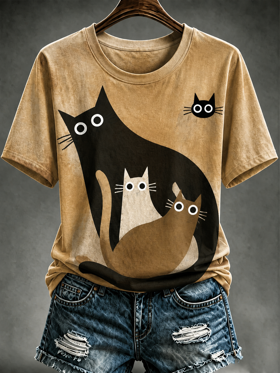 T-shirt femme mignon à manches courtes imprimé chat
