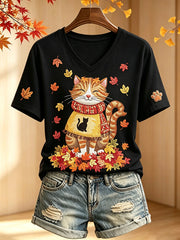 T-shirt à manches courtes à col V imprimé chat automne mignon femme
