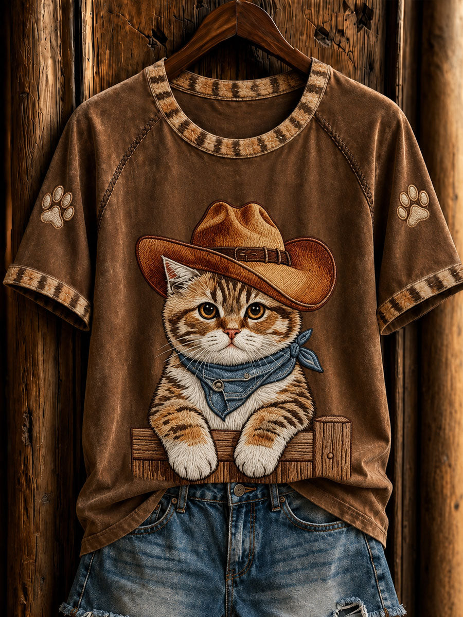 T-shirt rétro western cowboy à manches courtes pour femme, motif chat