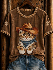 T-shirt rétro western cowboy à manches courtes pour femme, motif chat