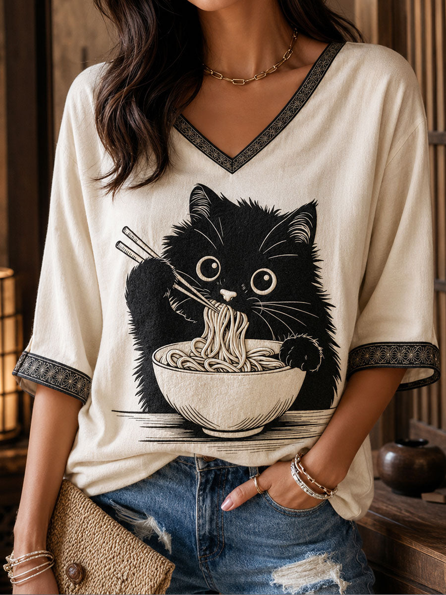 Tee-shirt Femme Chat Japonais Ramen Art Imprimé Lin