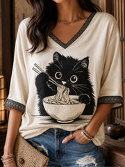 Tee-shirt Femme Chat Japonais Ramen Art Imprimé Lin