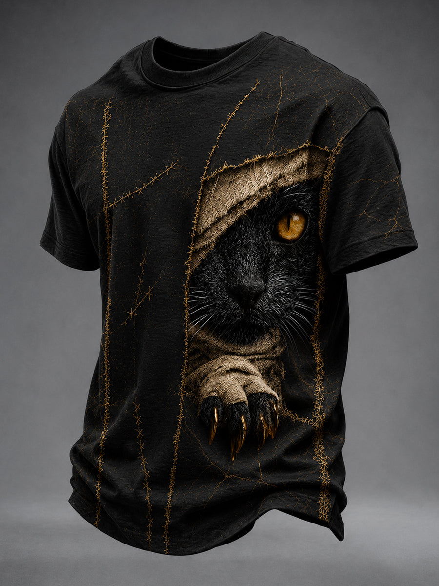 T-shirt à manches courtes pour hommes, motif d’art gothique de chat noir avec bandage, pour Halloween