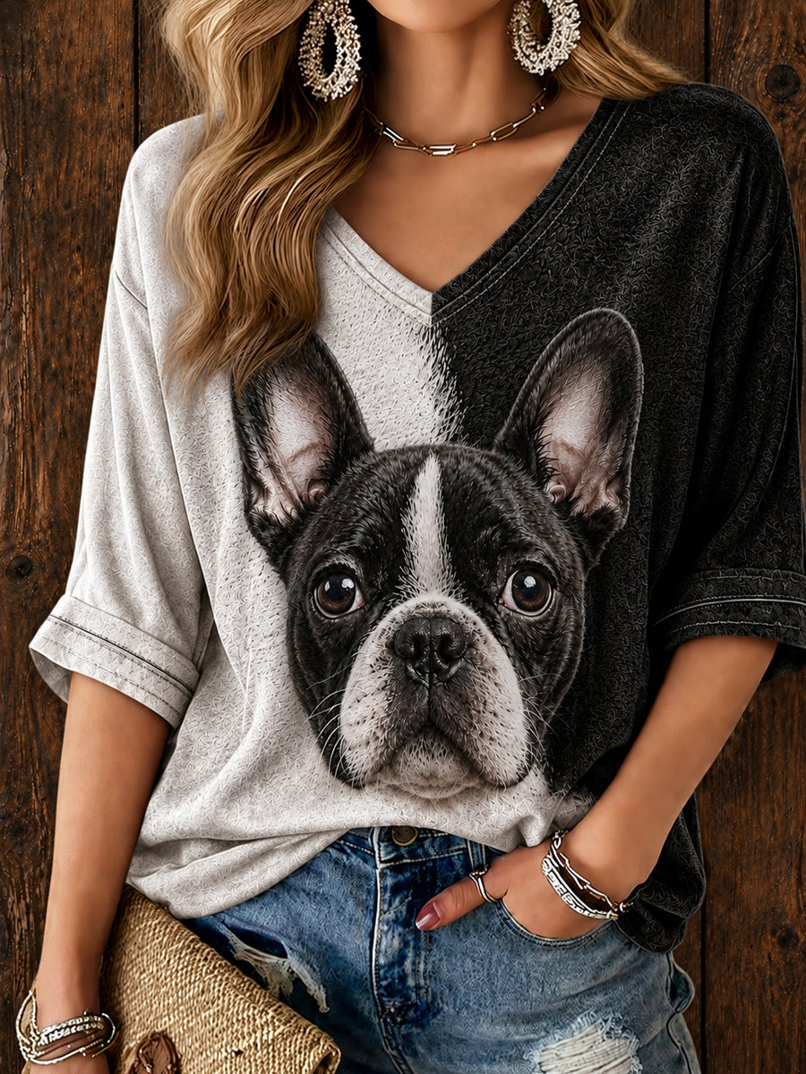 Mignon Boston Terrier Art mi-longueur manches V-Neck T-Shirt des femmes