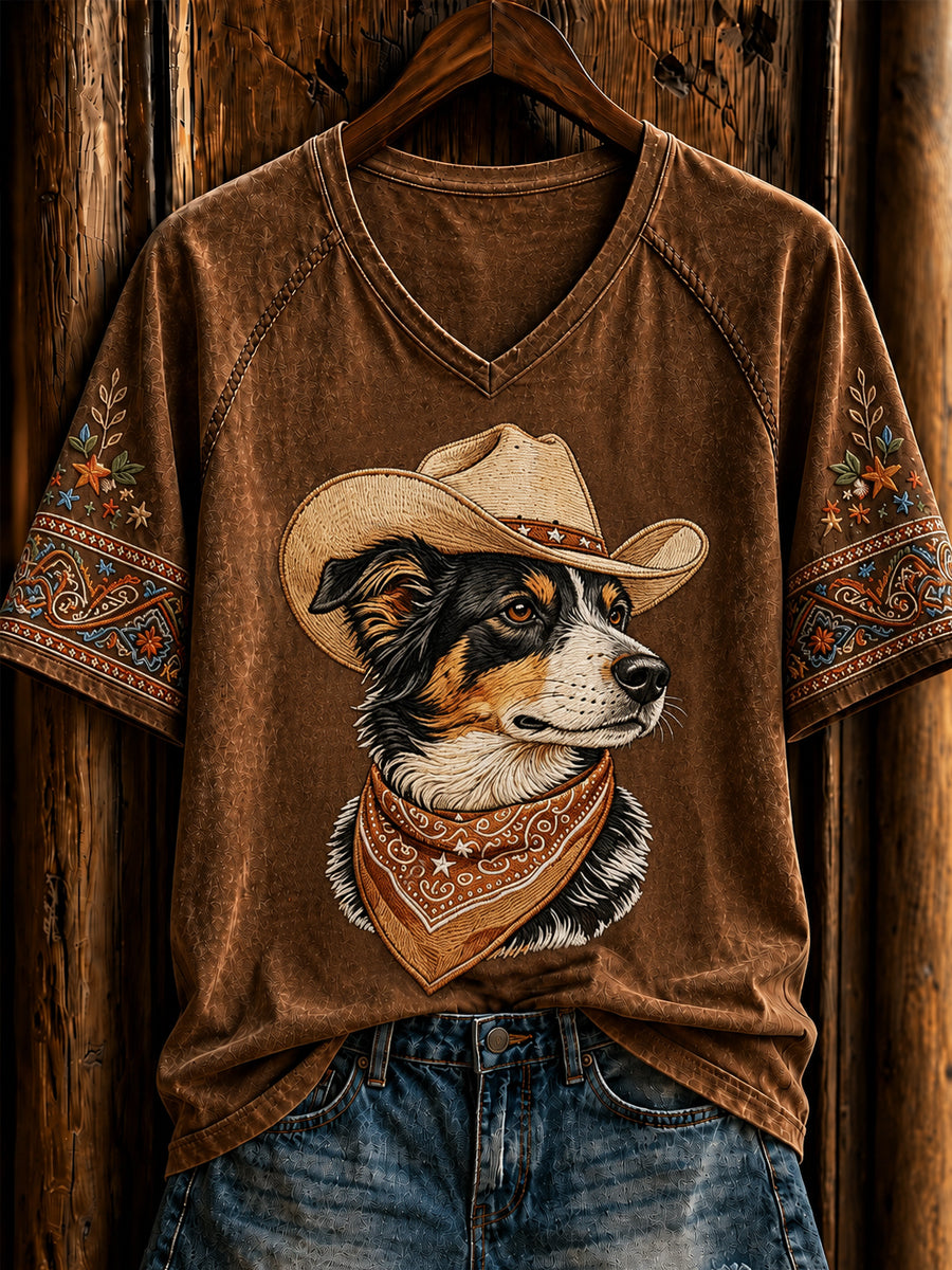 T-shirt rétro western cowboy pour femme, à manches courtes, avec motif de chien