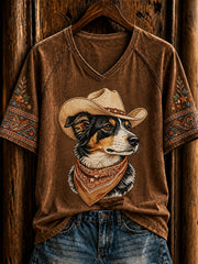 T-shirt rétro western cowboy pour femme, à manches courtes, avec motif de chien