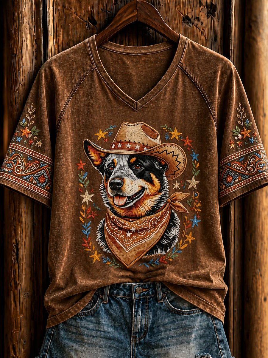 T-shirt rétro western cowboy pour femme, à manches courtes, avec motif de chien