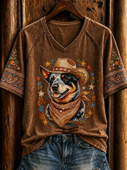 T-shirt rétro western cowboy pour femme, à manches courtes, avec motif de chien