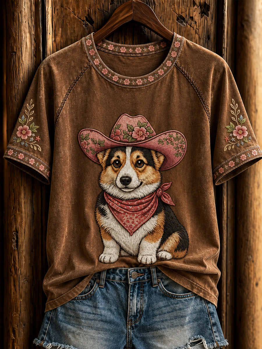 T-shirt à manches courtes pour femmes Western Cowboy Dog Retro