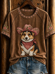 T-shirt à manches courtes pour femmes Western Cowboy Dog Retro
