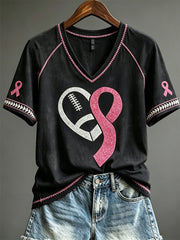 T-shirt Femme Rose Ruban Football Coeur Paillettes Imprimé à Manches Courtes
