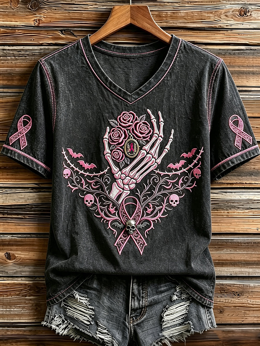 Retro Pink Ribbon Squelette Imprimer V Neck T-shirt manches courtes femmes