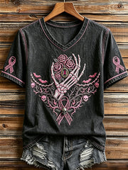 Retro Pink Ribbon Squelette Imprimer V Neck T-shirt manches courtes femmes