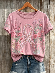 T-shirt Femme Vintage Rose Ruban Imprimé Floral à Manches Courtes