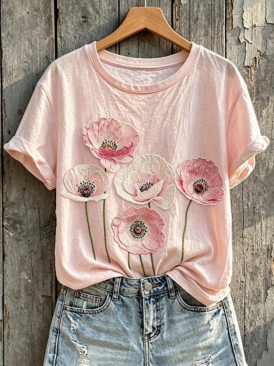 T-shirt Femme Rose Classique Imprimé Floral à Manches Courtes