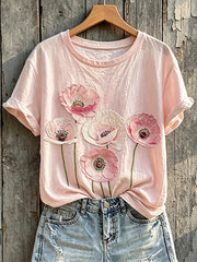 T-shirt Femme Rose Classique Imprimé Floral à Manches Courtes