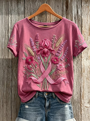 T-shirt à manches courtes imprimé floral et ruban rose vintage pour femme