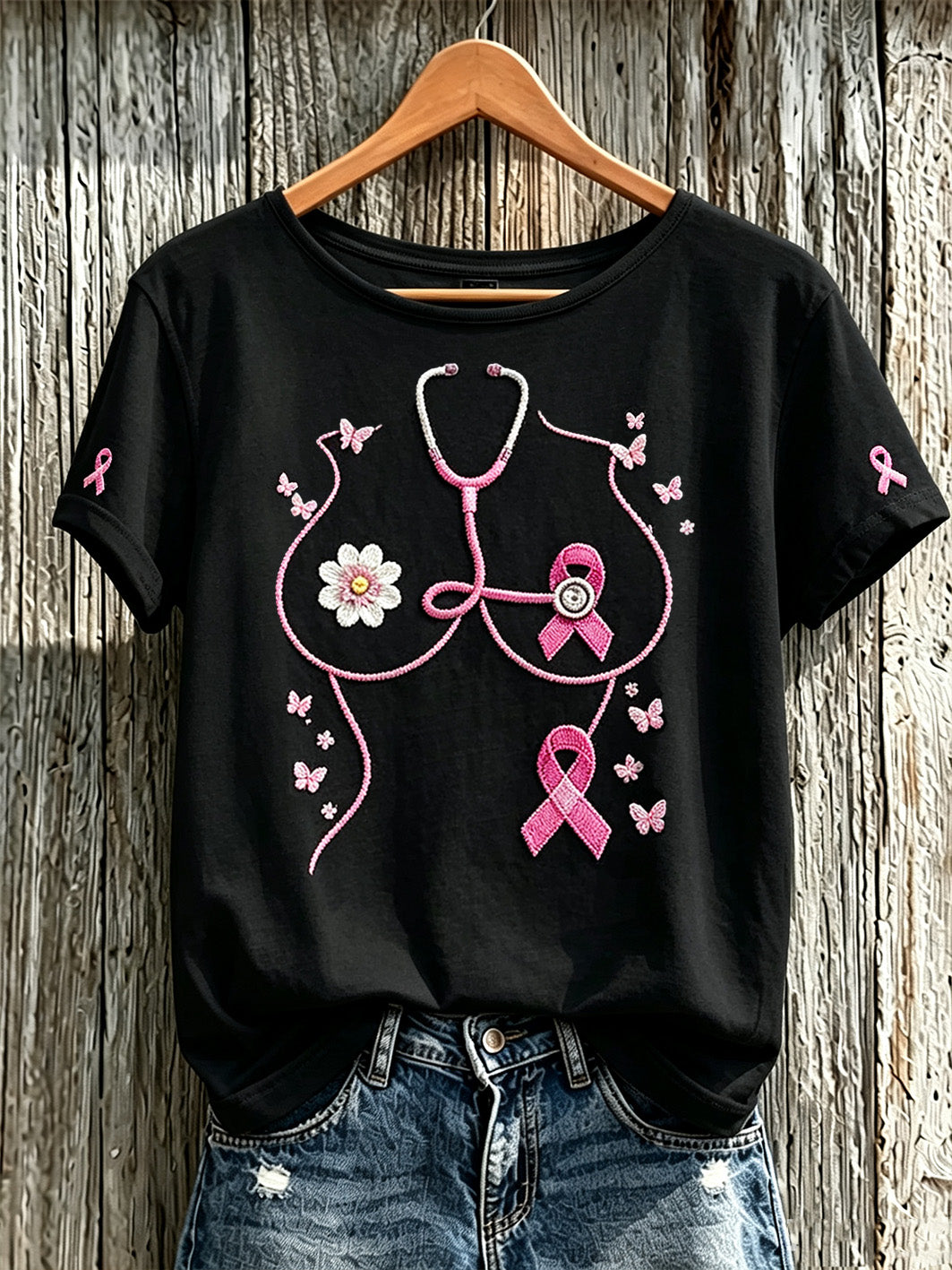 T-shirt à manches courtes décontracté imprimé motif principal de sensibilisation au cancer du sein pour femmes