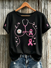 T-shirt à manches courtes décontracté imprimé motif principal de sensibilisation au cancer du sein pour femmes