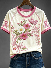 T-shirt à manches courtes à col rond imprimé floral papillon rose pour femme