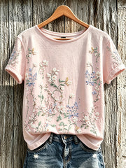 T-shirt à manches courtes pour femme, imprimé de motifs floraux roses