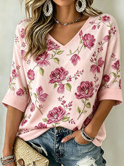 Motif de fleurs roses pour femmes T-shirt à manches mi-longues et col en V imprimé