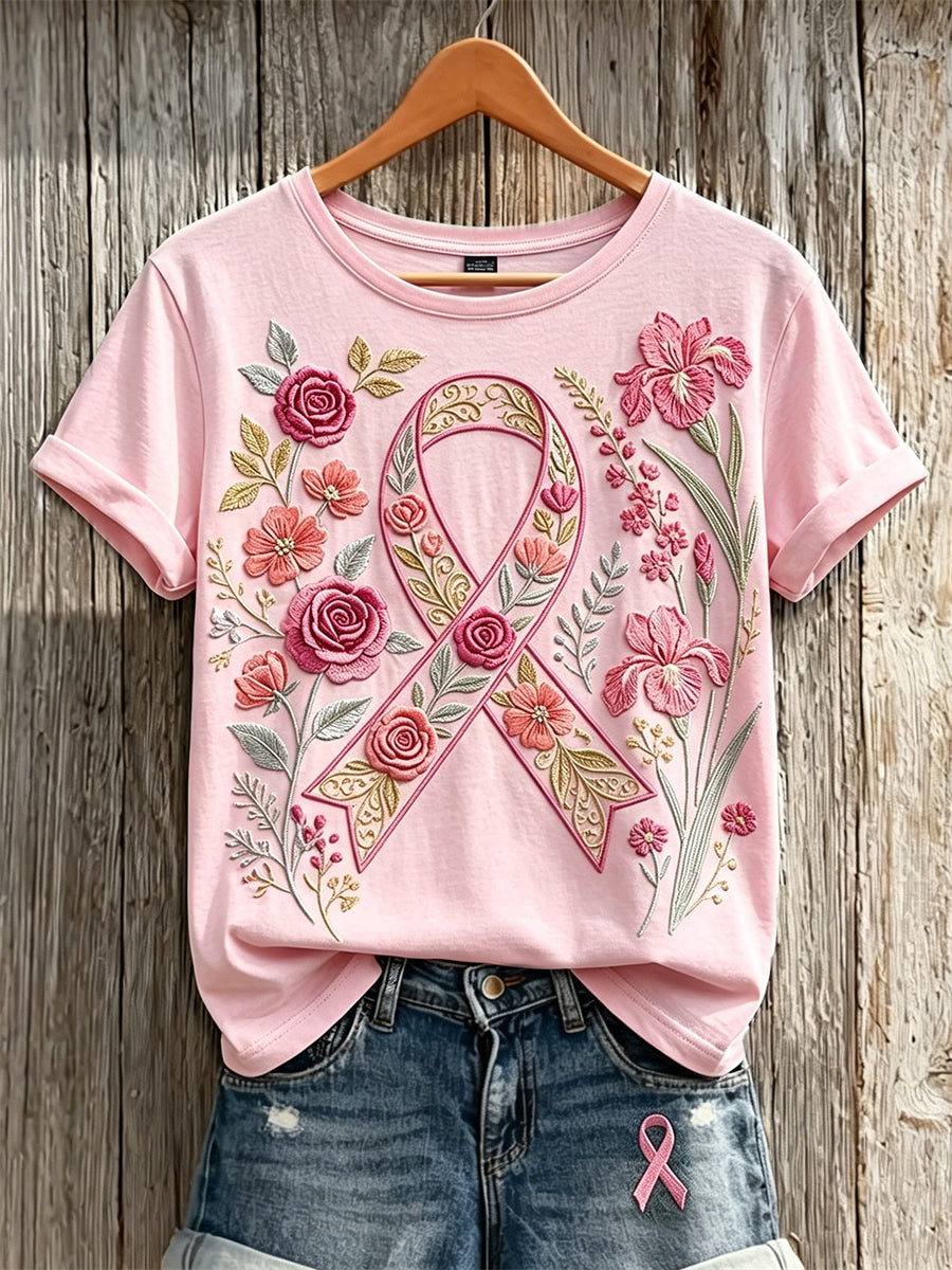 T-shirt à manches courtes imprimé floral chic ruban rose pour femme