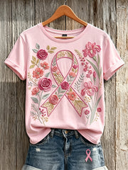 T-shirt à manches courtes imprimé floral chic ruban rose pour femme