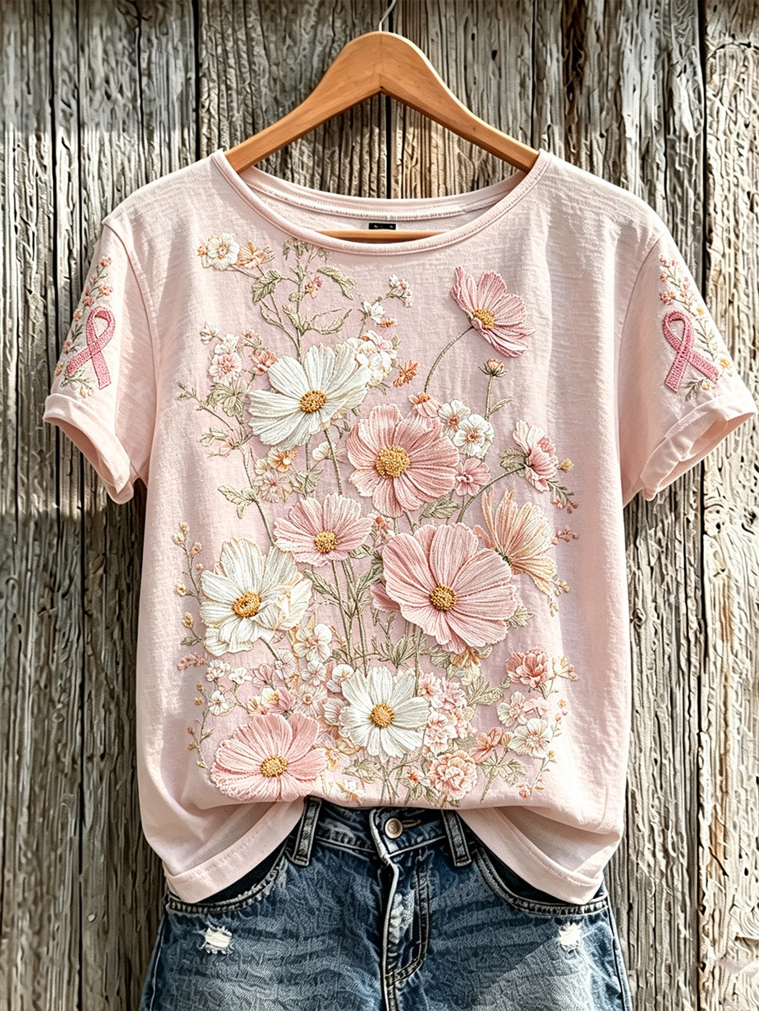 T-shirt à manches courtes décontracté imprimé motif floral rose cancer du sein pour femme