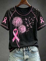 T-shirt Femme Pissenlit Rose Ruban Sensibilisation Col Rond Manches Courtes